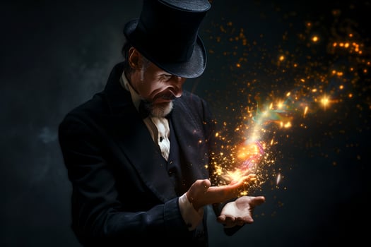 Mysterious magician in dark suit demonstrates magic performance in his hands. Bright flash in his hands, miracle. Magic in circus photo