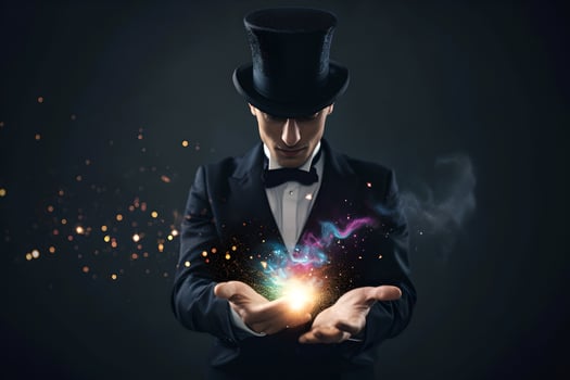 Mysterious magician in dark suit demonstrates magic performance in his hands. Bright flash in his hands, miracle. Magic in circus photo