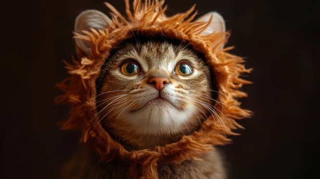 A playful cat with large eyes is wearing a fuzzy lion costume, showcasing a curious expression. The dark background enhances the cat's adorable features and the unique outfit, adding charm. photo
