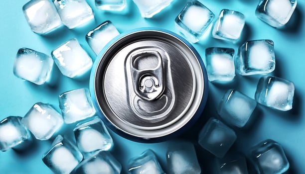 cold beverage can with ice cubes. Summer refreshing drink. photo