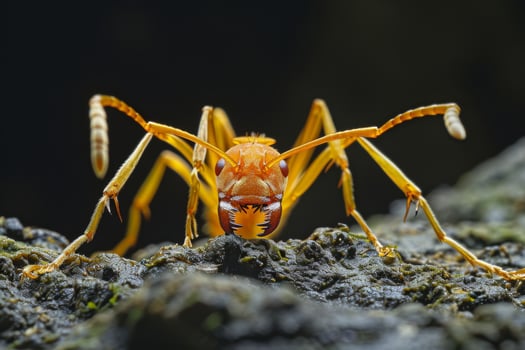 An orange ant is standing on a rock photo