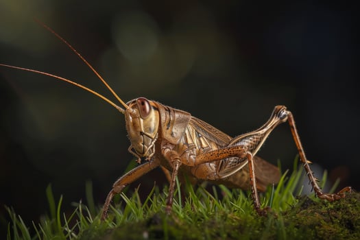 A grasshopper is standing on top of some grass photo