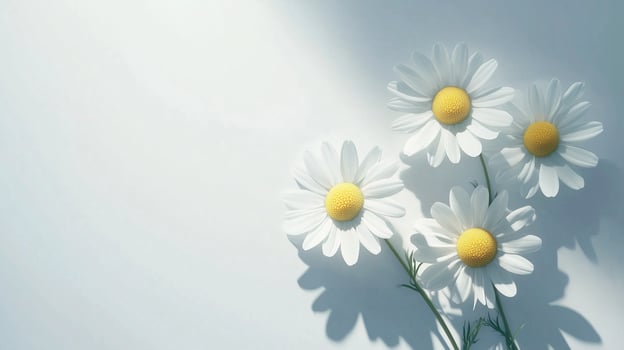 Chamomile flower with natural shadow form sun light and white background photo