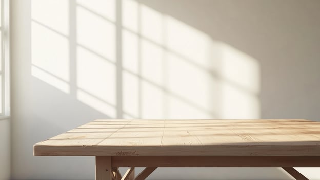 Brown wooden table on empty white wall modern minimalism room with shadow sun bright photo