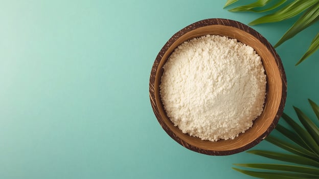 Coconut flour on brown wooden bowl and some Coconut slice for baking, gluten free copy space photo