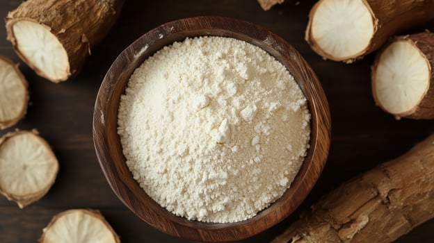 Cassava flour on brown wooden bowl and some fruits for baking, gluten free copy space photo