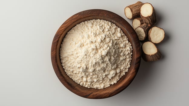 Cassava flour on brown wooden bowl and some fruits for baking, gluten free copy space photo