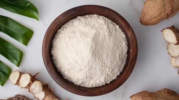 Cassava flour on brown wooden bowl and some fruits for baking, gluten free copy space photo