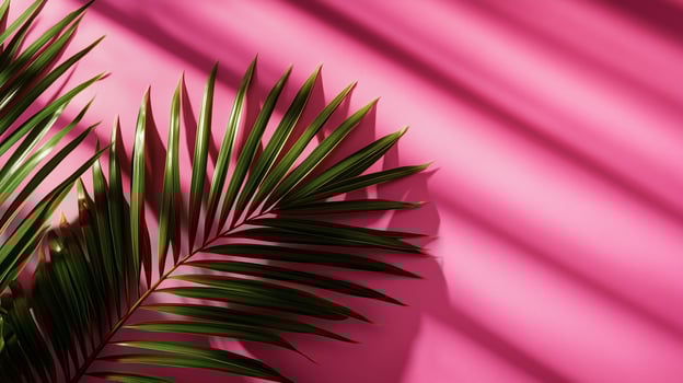 Green palm leaves of the edge frame decoration botanical nature copy space pink background photo