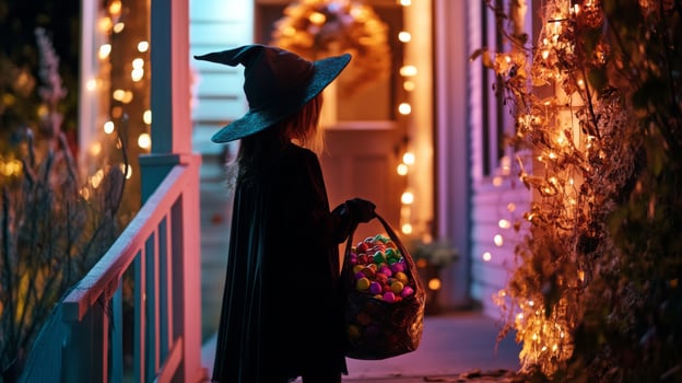 A young child dressed as a witch stands on a porch during Halloween night, holding a basket filled with colorful candy photo
