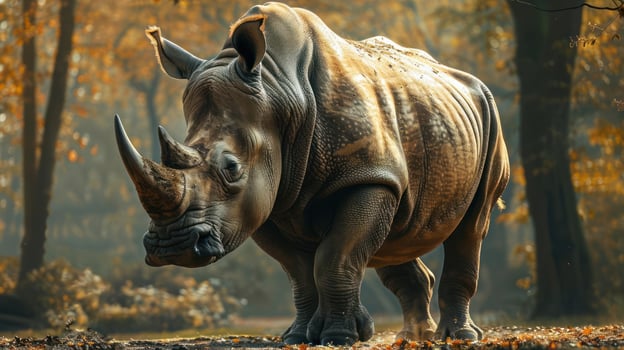 A beautifully illustrated rhino stands amidst the autumn foliage. photo