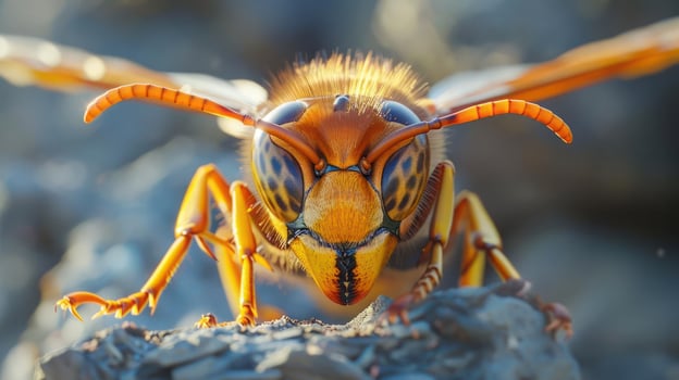 A close-up photo of a bee with its wings partially spread,