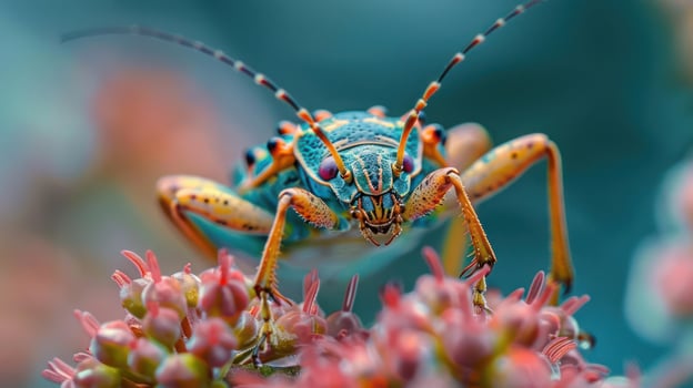 A vibrant ladybug with a striking blue and orange coloration on pink flowers. photo