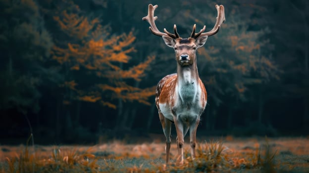 A young red deer stands in a misty forest with autumn foliage. photo