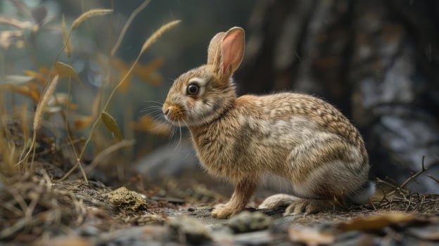 Adorable, fluffy bunny exploring a woodland setting photo