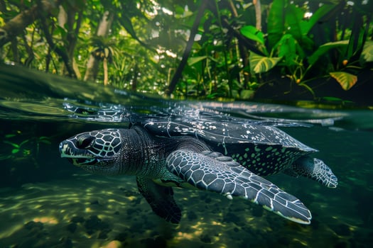 A turtle swimming in the water with trees and plants photo