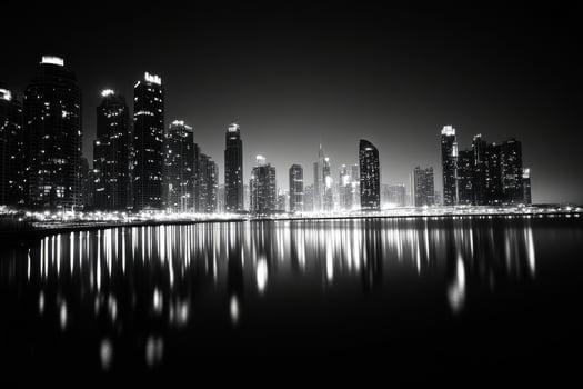 Nighttime skyline of a modern city with skyscrapers reflecting in water photo