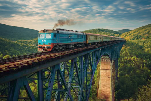 Steam train crossing a historic bridge amid green hills in daylight photo