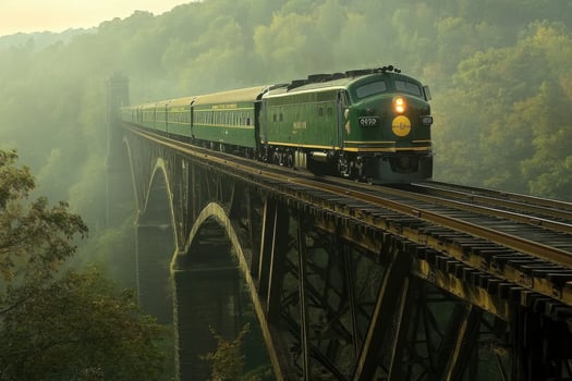 Vintage train travels across a scenic bridge in the early morning light near a forested landscape photo