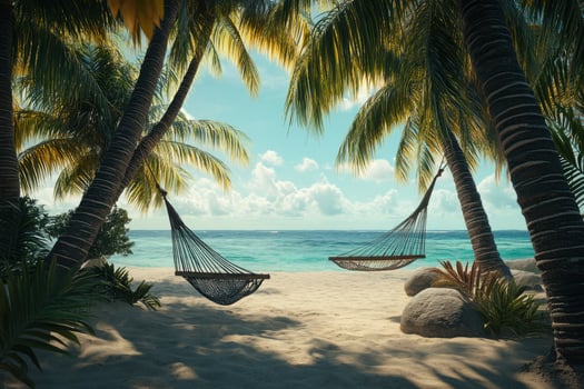 Relaxing hammocks swaying gently under palm trees by the serene beach on a sunny day photo