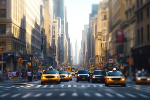 Busy street in New York City with yellow taxis and skyscrapers during daytime photo