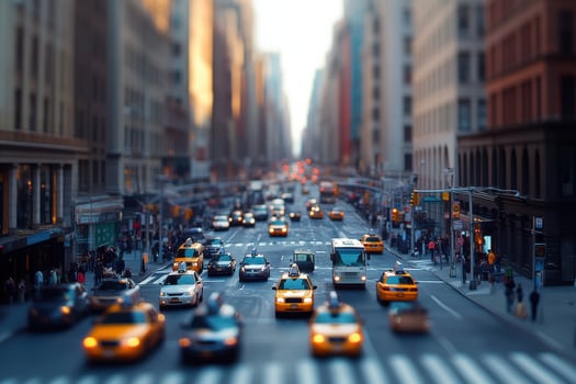 Busy New York City street filled with yellow taxis during the evening rush hour photo