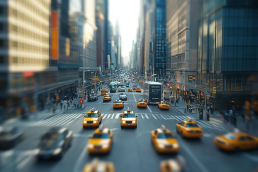 Busy New York City street filled with yellow taxis during golden hour in the late afternoon photo