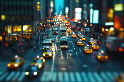 Vibrant evening traffic in Times Square with busy streets and bustling yellow taxis photo