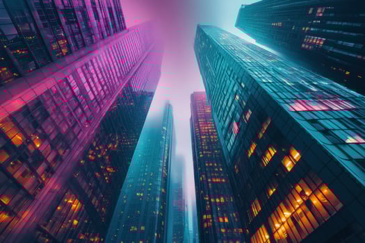 Vibrant urban skyline at dusk with colorful lights reflecting off towering glass buildings photo