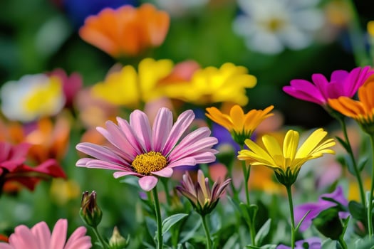 Colorful display of daisies blooming in a vibrant garden during springtime photo