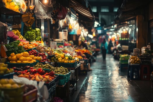 Vibrant night market filled with colorful fruits and vegetables in a bustling urban setting photo