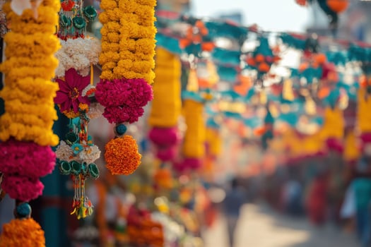 Vibrant flower garlands brighten a busy street market during a festive afternoon photo