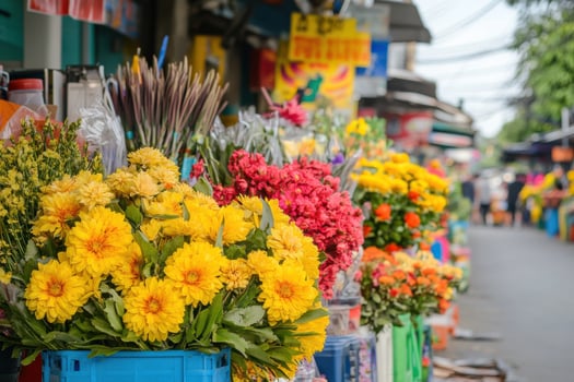 Brightly colored flowers in a vibrant street market during the day photo
