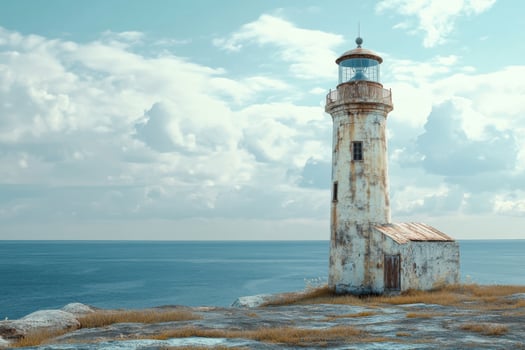 Old lighthouse on rocky coastline under a cloudy sky by the sea at midday photo