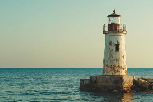 Old lighthouse standing on rocky shore at sunset near calm ocean waters photo