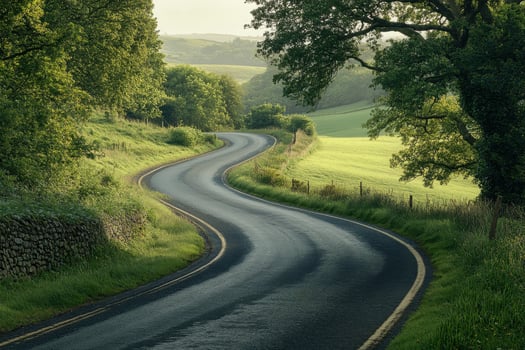 Winding countryside road through lush greenery in early morning light during summer photo