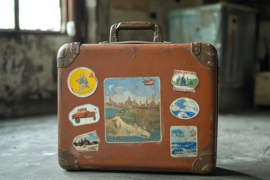 Vintage suitcase with travel stickers resting in an abandoned building during daylight hours photo