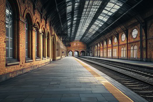 Historic railway station platform with arched windows and brick architecture during daylight photo