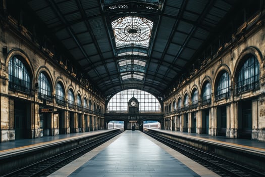 Abandoned railway station interior showcasing architectural beauty at dusk photo