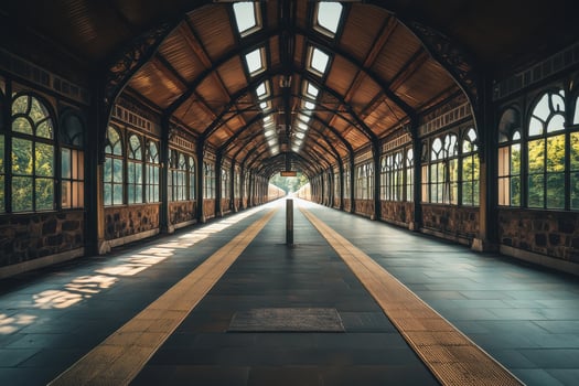 A serene railway platform with sunlight streaming through large windows on a quiet morning photo