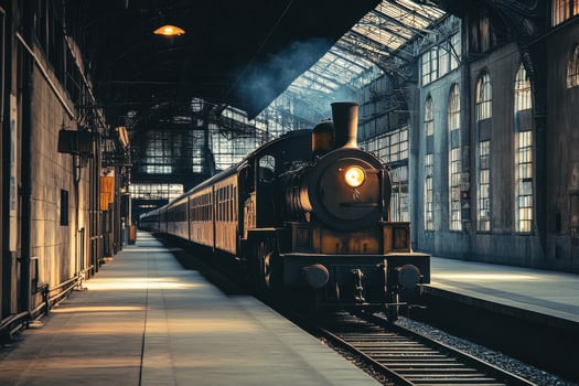 Historic steam locomotive at a vintage train station during the late afternoon light photo