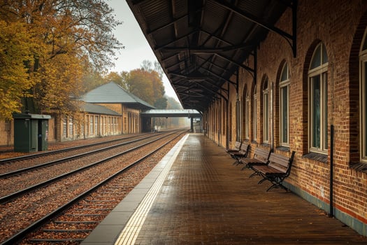 Quiet autumn afternoon at a vintage train station with empty benches and misty surroundings photo