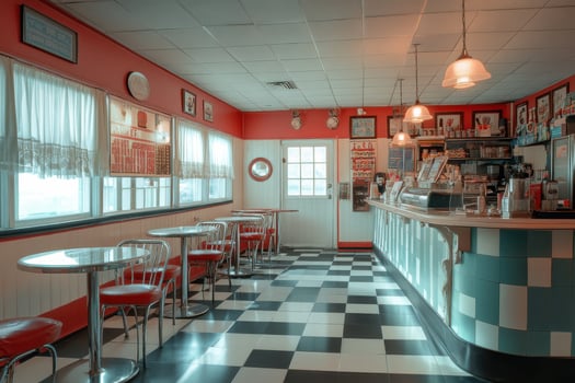 Classic diner interior with retro decor and checkered floors in vibrant colors during the day photo