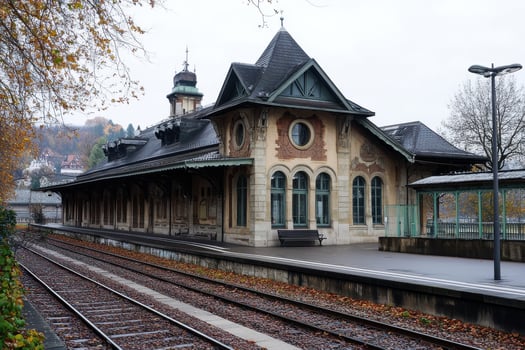 Historic train station in autumn with overcast skies and empty tracks in the countryside photo