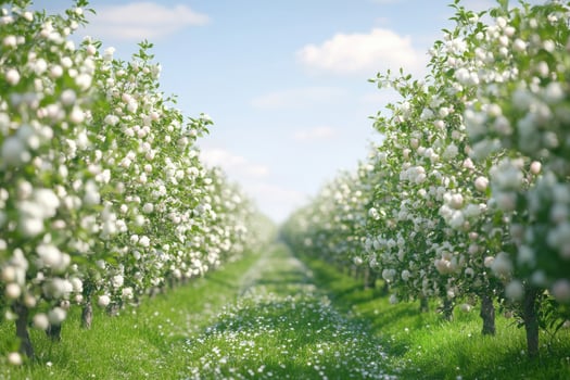 Blossoming apple orchard in spring with white flowers under a clear blue sky photo