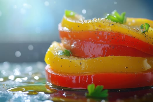 Slices of vibrant red and yellow bell peppers glistening with olive oil on a kitchen countertop photo