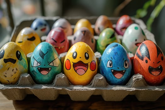 Ten colorful pokemon easter eggs smiling in a carton photo