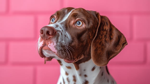 Curious dog looking up with pink background photo