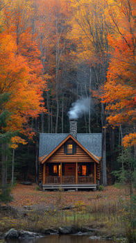 Cozy wooden cabin surrounded by autumn colors with smoke rising from chimney photo
