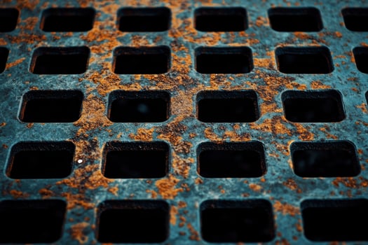 Rusty metallic grate with square openings reflecting the wear of time in an urban setting photo